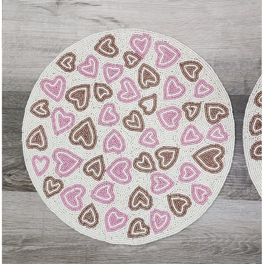 Valentines Day Pink & Gold Hearts Beaded Placemat Charger Placemats 2 Pc 15" - Picture 2 of 7